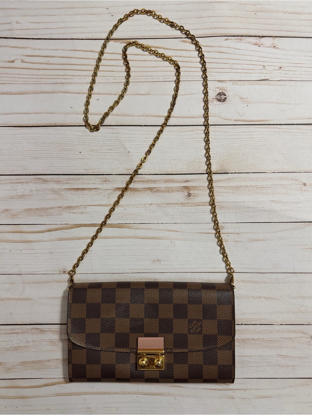 Louis Vuitton Brown Damier Ebene Crossbody Wallet with Gold Chain - Picture 6 of 10
